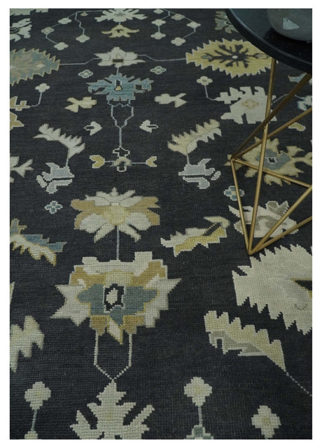 Hand Knotted Black, Beige and Silver Traditional Oushak Wool Rug