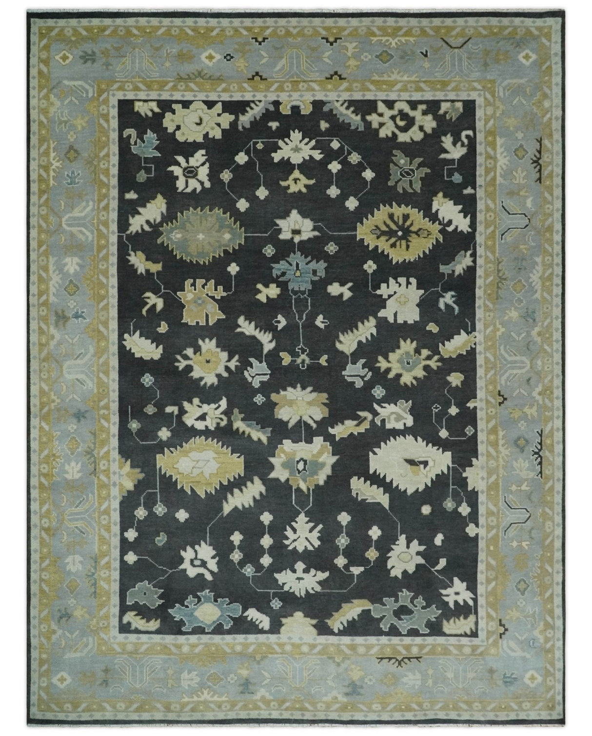 Hand Knotted Black, Beige and Silver Traditional Oushak Wool Rug