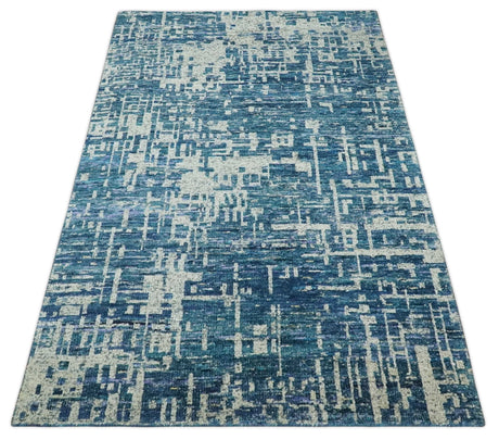 Hand Knotted Blue and Beige Modern Abstract Contemporary Recycled Art Silk Area Rug