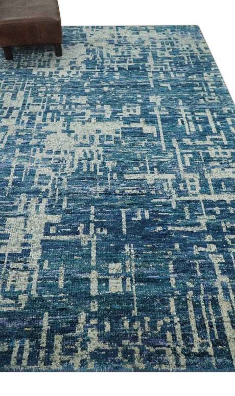 Hand Knotted Blue and Beige Modern Abstract Contemporary Recycled Art Silk Area Rug