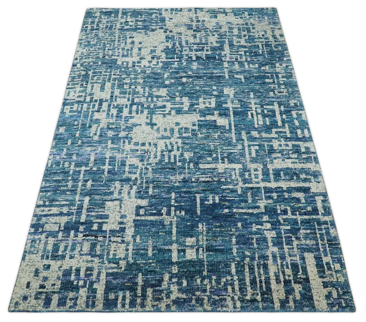 Hand Knotted Blue and Beige Modern Abstract Contemporary Recycled Art Silk Area Rug-Area Rug-Parc Decor