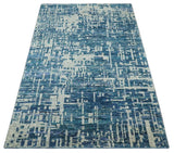 Hand Knotted Blue and Beige Modern Abstract Contemporary Recycled Art Silk Area Rug-Area Rug-Parc Decor