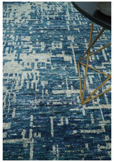 Hand Knotted Blue and Beige Modern Abstract Contemporary Recycled Art Silk Area Rug-Area Rug-Parc Decor