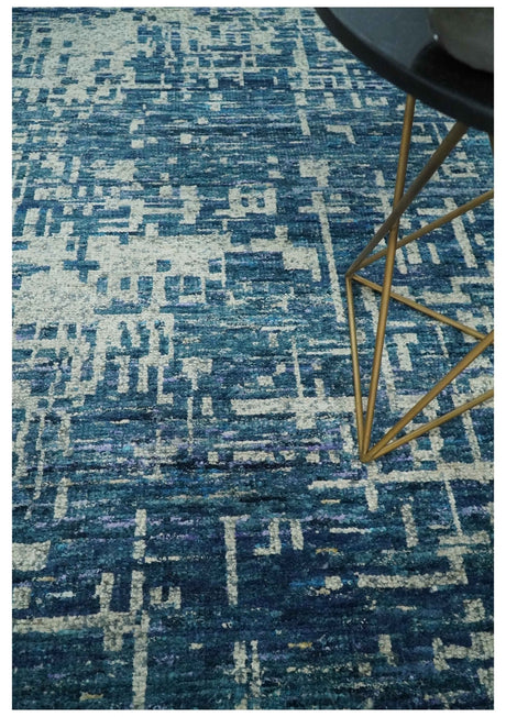 Hand Knotted Blue and Beige Modern Abstract Contemporary Recycled Art Silk Area Rug-Area Rug-Parc Decor