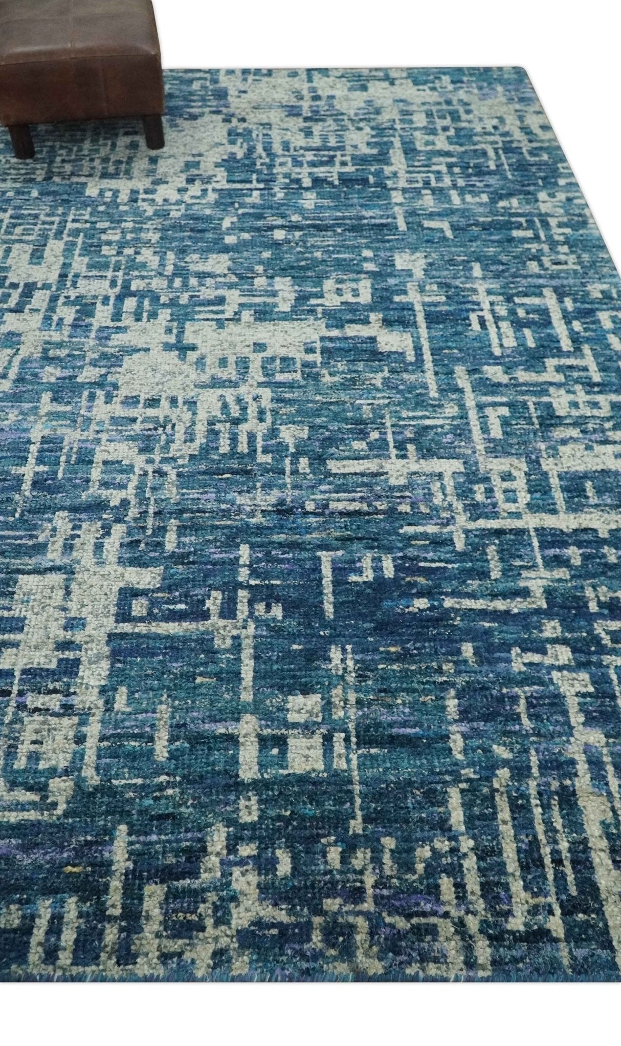 Hand Knotted Blue and Beige Modern Abstract Contemporary Recycled Art Silk Area Rug-Area Rug-Parc Decor