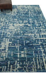 Hand Knotted Blue and Beige Modern Abstract Contemporary Recycled Art Silk Area Rug-Area Rug-Parc Decor