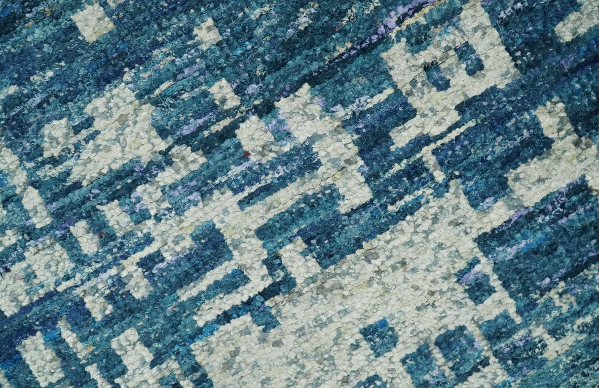 Hand Knotted Blue and Beige Modern Abstract Contemporary Recycled Art Silk Area Rug-Area Rug-Parc Decor