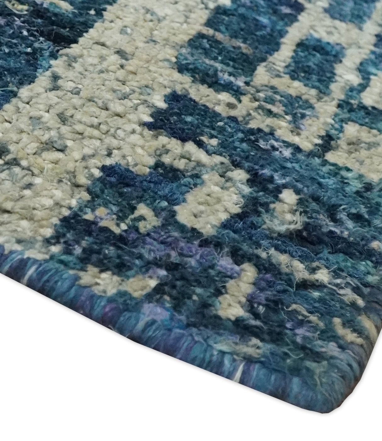 Hand Knotted Blue and Beige Modern Abstract Contemporary Recycled Art Silk Area Rug-Area Rug-Parc Decor