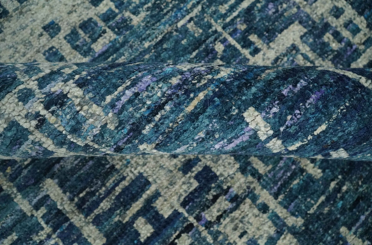 Hand Knotted Blue and Beige Modern Abstract Contemporary Recycled Art Silk Area Rug-Area Rug-Parc Decor