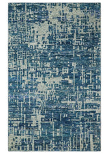 Hand Knotted Blue and Beige Modern Abstract Contemporary Recycled Art Silk Area Rug-Area Rug-Parc Decor