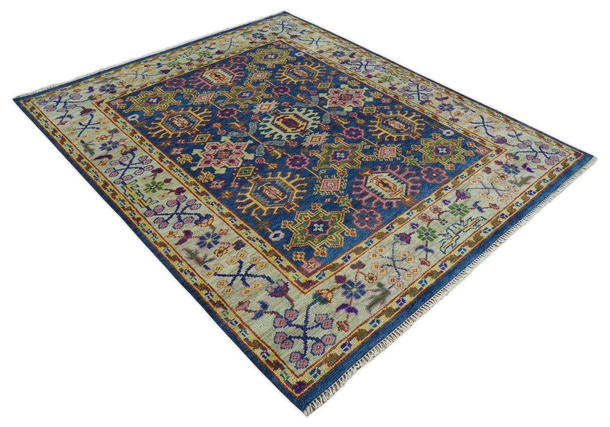 Hand Knotted Blue and Beige Persian Design Wool Rug