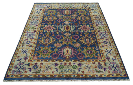 Hand Knotted Blue and Beige Persian Design Wool Rug