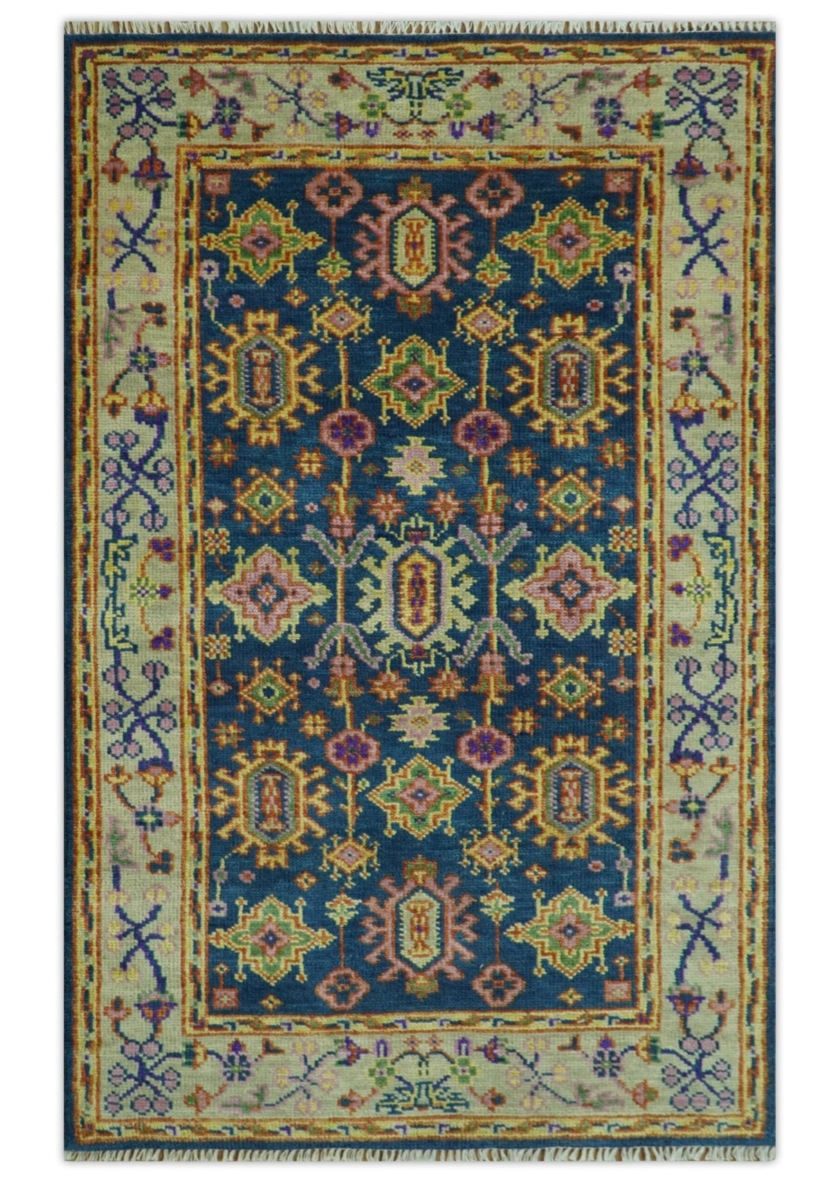 Hand Knotted Blue and Beige Persian Design Wool Rug