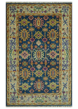 Hand Knotted Blue and Beige Persian Design Wool Rug