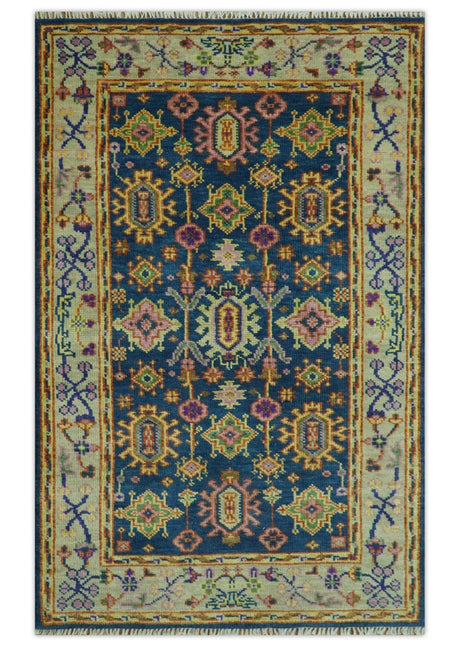 Hand Knotted Blue and Beige Persian Design Wool Rug