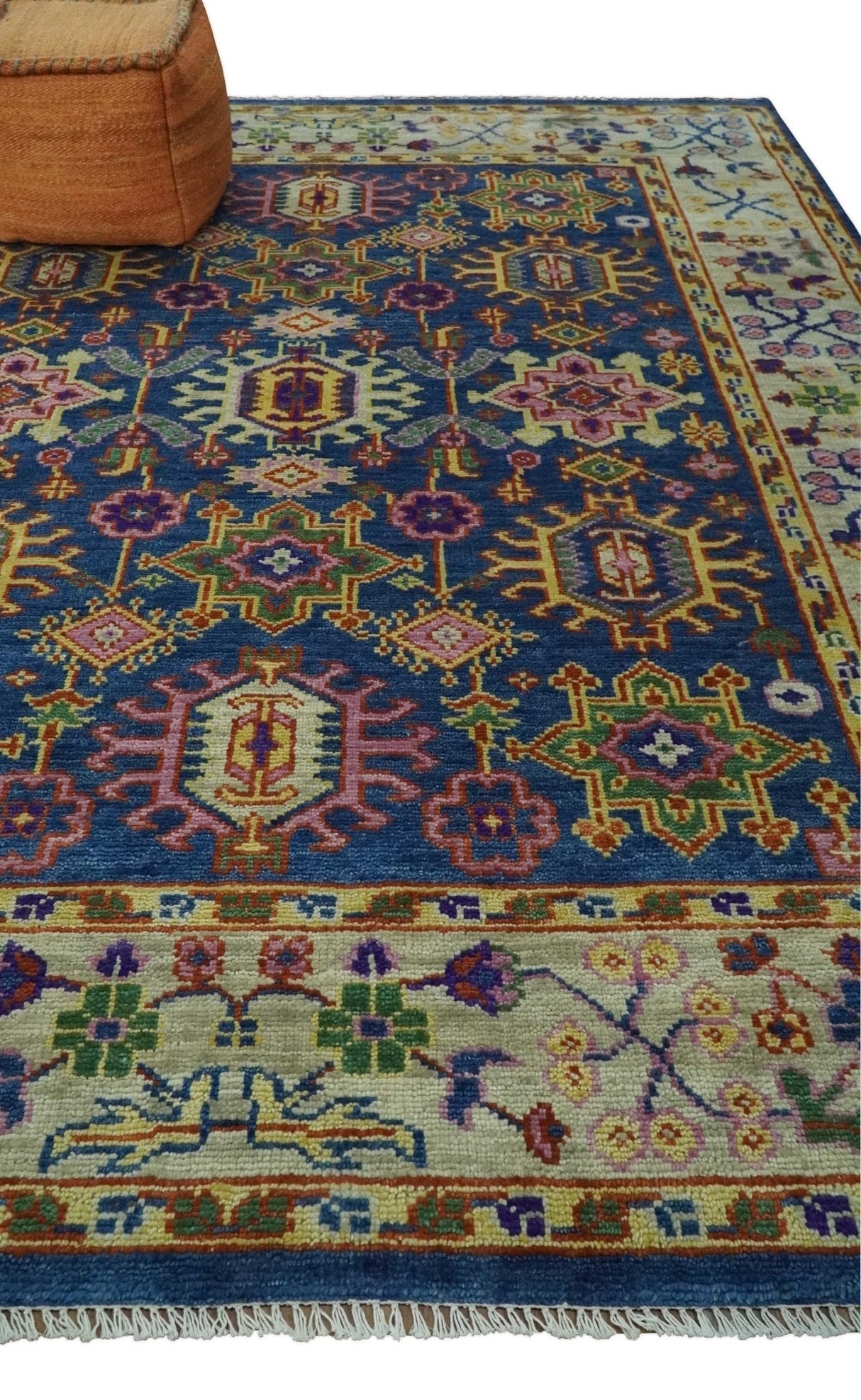 Hand Knotted Blue and Beige Persian Design Wool Rug