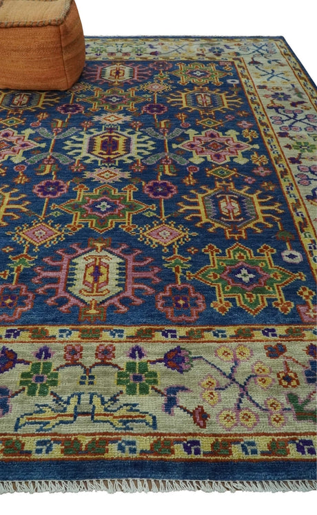Hand Knotted Blue and Beige Persian Design Wool Rug