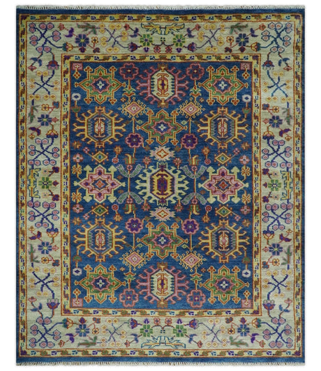Hand Knotted Blue and Beige Persian Design Wool Rug