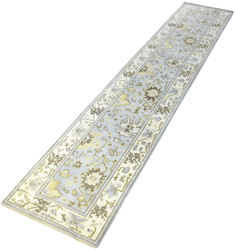 Hand Knotted Blue and Beige Traditional Oushak Wool Area Rug