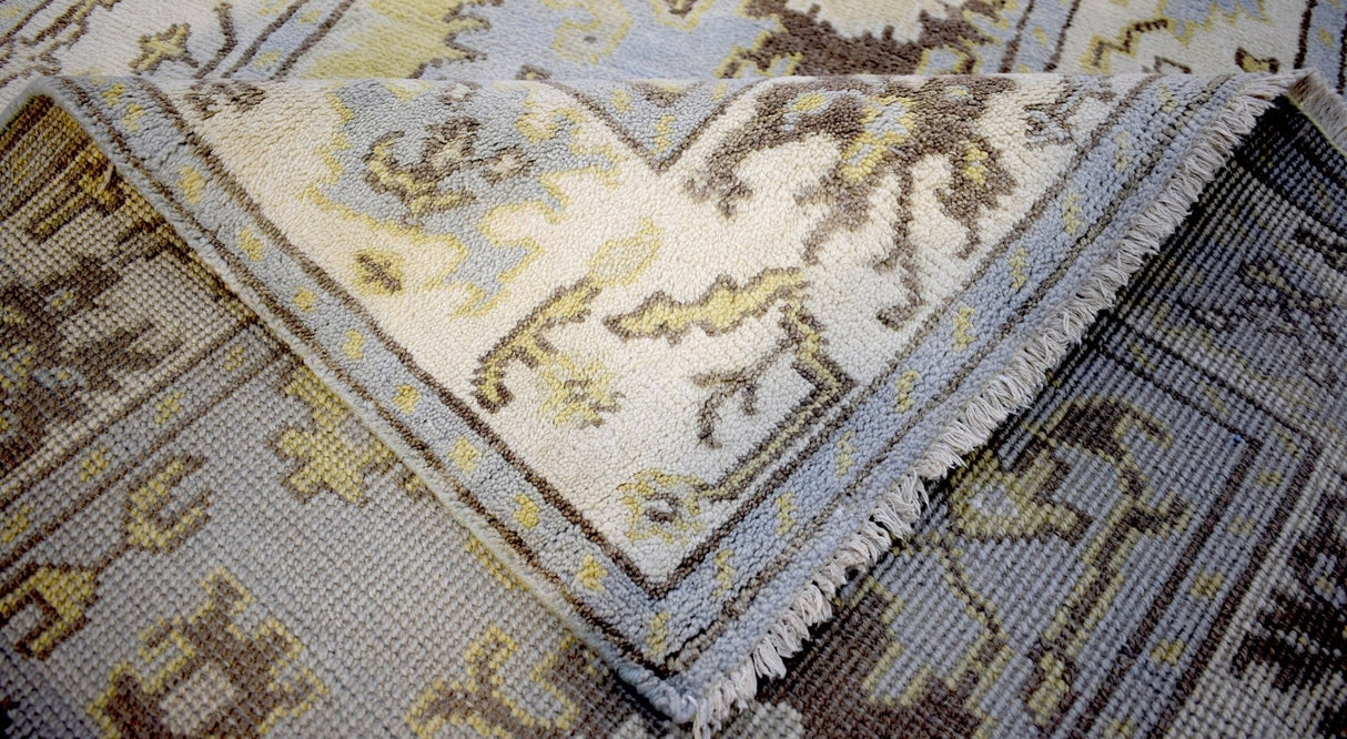 Hand Knotted Blue and Beige Traditional Oushak Wool Area Rug