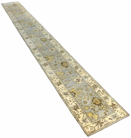 Hand Knotted Blue and Beige Traditional Oushak Wool Runner Rug