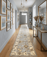 Hand Knotted Blue and Beige Traditional Oushak Wool Runner Rug
