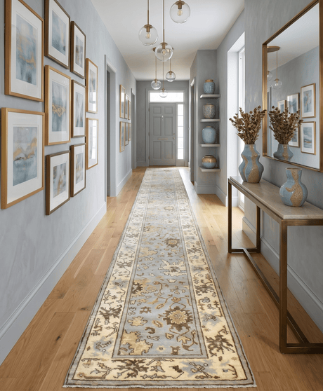Hand Knotted Blue and Beige Traditional Oushak Wool Runner Rug