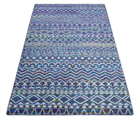 Hand Knotted Blue and Ivory 5.6x8.5 Modern Contemporary Southwestern Tribal Trellis Recycled Art Silk Area Rug