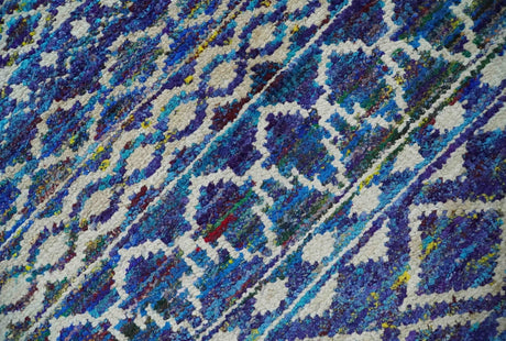 Hand Knotted Blue and Ivory 5.6x8.5 Modern Contemporary Southwestern Tribal Trellis Recycled Art Silk Area Rug
