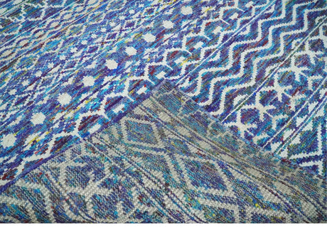 Hand Knotted Blue and Ivory 5.6x8.5 Modern Contemporary Southwestern Tribal Trellis Recycled Art Silk Area Rug