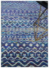 Hand Knotted Blue and Ivory 5.6x8.5 Modern Contemporary Southwestern Tribal Trellis Recycled Art Silk Area Rug-Area Rug-Parc Decor