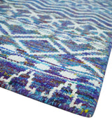 Hand Knotted Blue and Ivory 5.6x8.5 Modern Contemporary Southwestern Tribal Trellis Recycled Art Silk Area Rug-Area Rug-Parc Decor