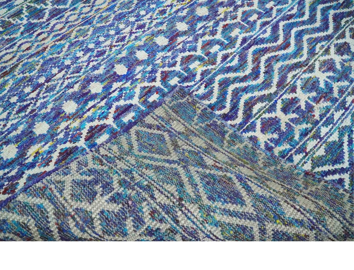 Hand Knotted Blue and Ivory 5.6x8.5 Modern Contemporary Southwestern Tribal Trellis Recycled Art Silk Area Rug-Area Rug-Parc Decor