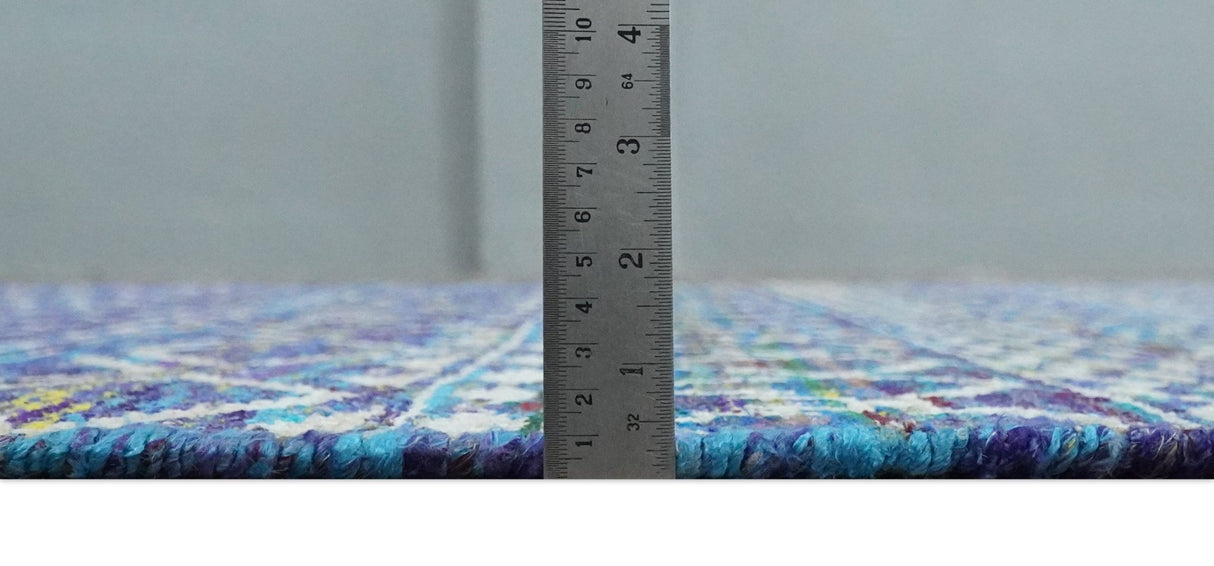 Hand Knotted Blue and Ivory 5.6x8.5 Modern Contemporary Southwestern Tribal Trellis Recycled Art Silk Area Rug-Area Rug-Parc Decor