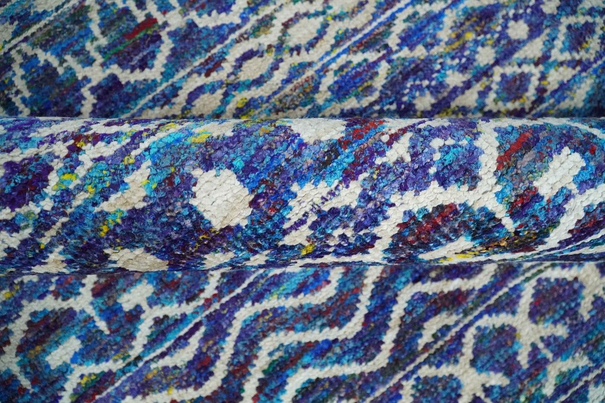 Hand Knotted Blue and Ivory 5.6x8.5 Modern Contemporary Southwestern Tribal Trellis Recycled Art Silk Area Rug-Area Rug-Parc Decor