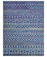 Hand Knotted Blue and Ivory 5.6x8.5 Modern Contemporary Southwestern Tribal Trellis Recycled Art Silk Area Rug-Area Rug-Parc Decor