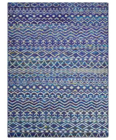 Hand Knotted Blue and Ivory 5.6x8.5 Modern Contemporary Southwestern Tribal Trellis Recycled Art Silk Area Rug