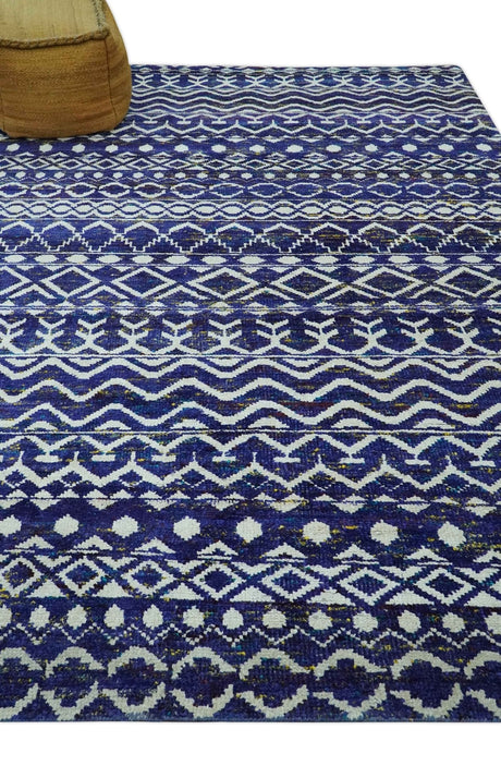 Hand Knotted Blue and Ivory 8x10 Southwestern Tribal Trellis Recycled Art Silk Area Rug