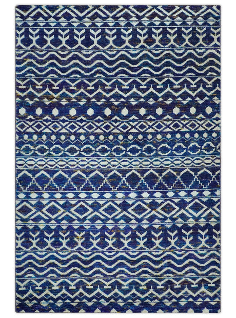 Hand Knotted Blue and Ivory 8x10 Southwestern Tribal Trellis Recycled Art Silk Area Rug-Area Rug-Parc Decor