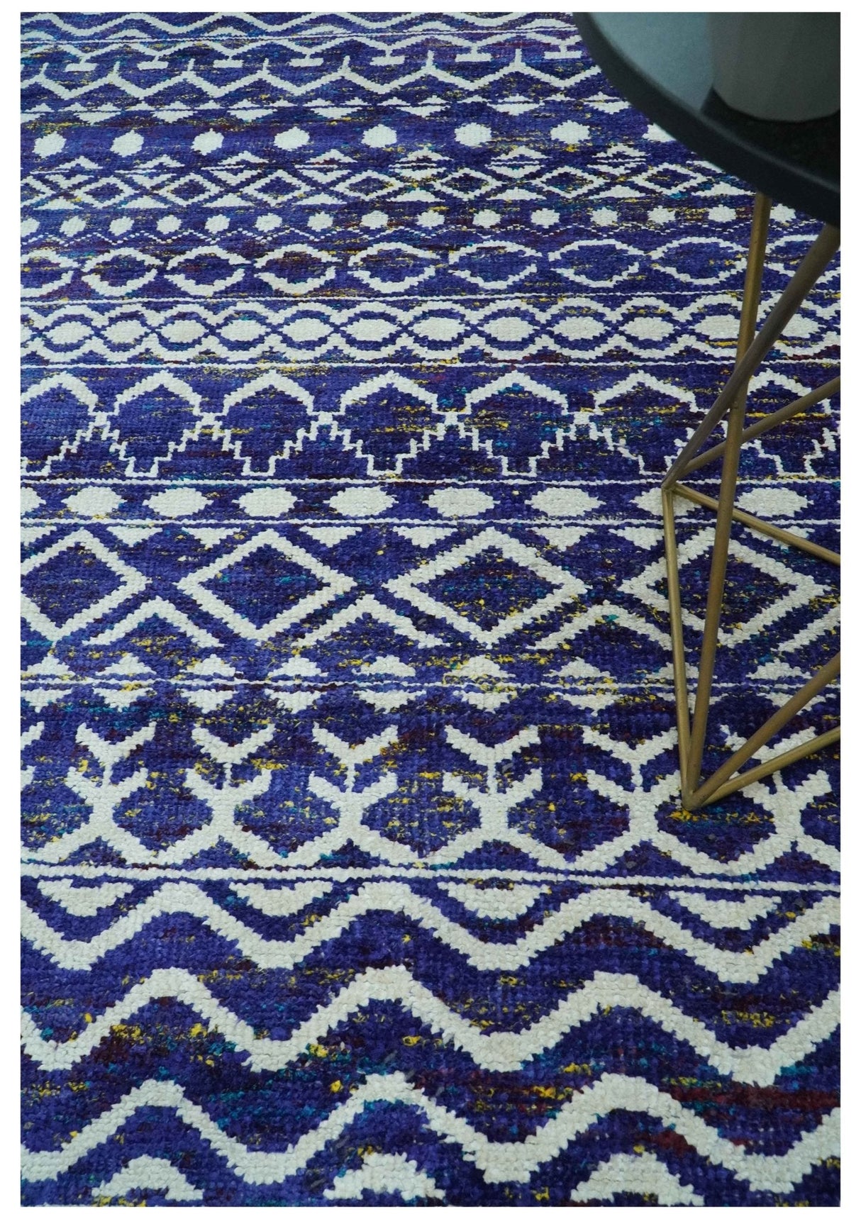 Hand Knotted Blue and Ivory 8x10 Southwestern Tribal Trellis Recycled Art Silk Area Rug-Area Rug-Parc Decor