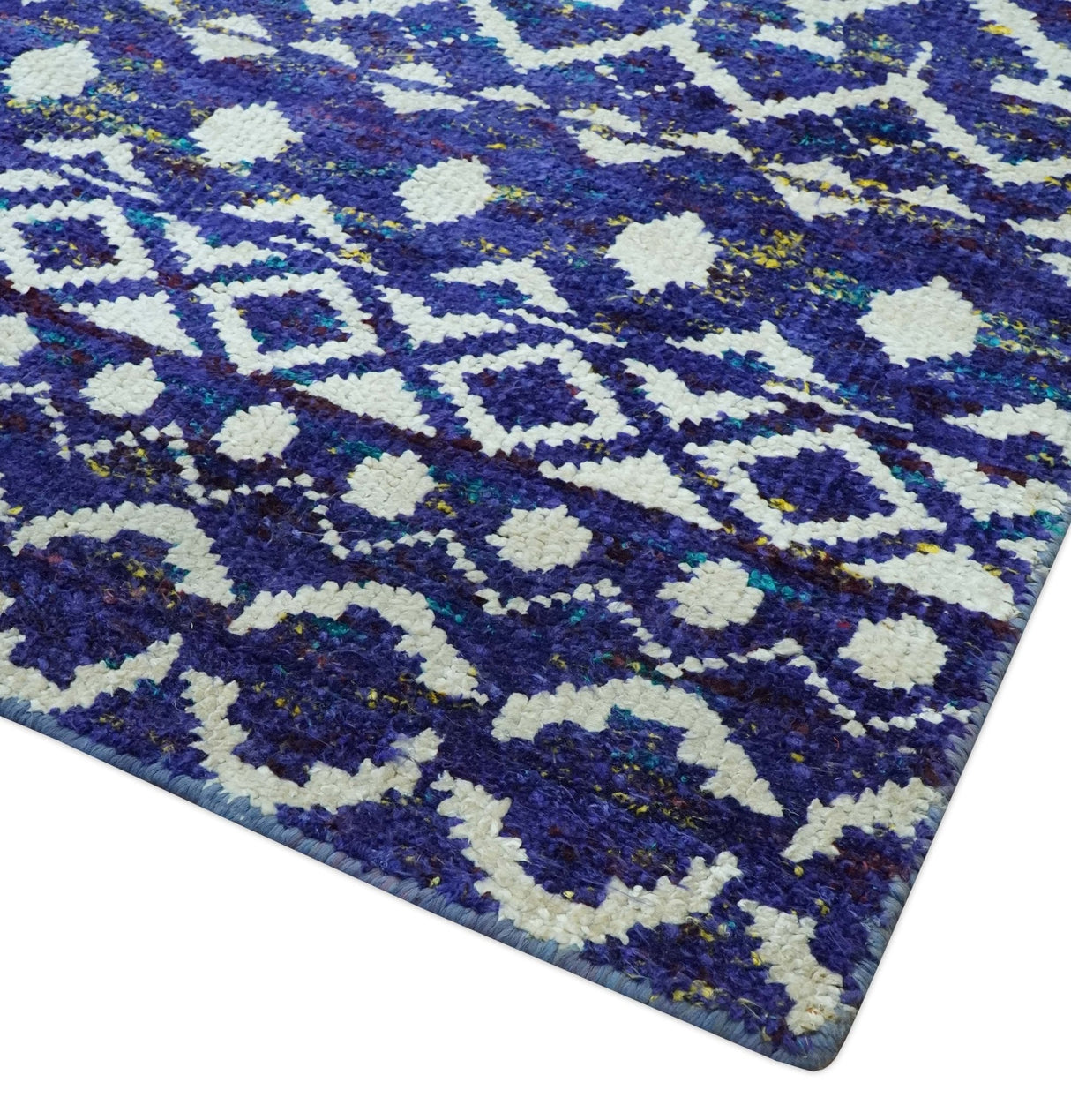 Hand Knotted Blue and Ivory 8x10 Southwestern Tribal Trellis Recycled Art Silk Area Rug-Area Rug-Parc Decor