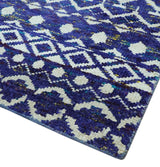 Hand Knotted Blue and Ivory 8x10 Southwestern Tribal Trellis Recycled Art Silk Area Rug-Area Rug-Parc Decor