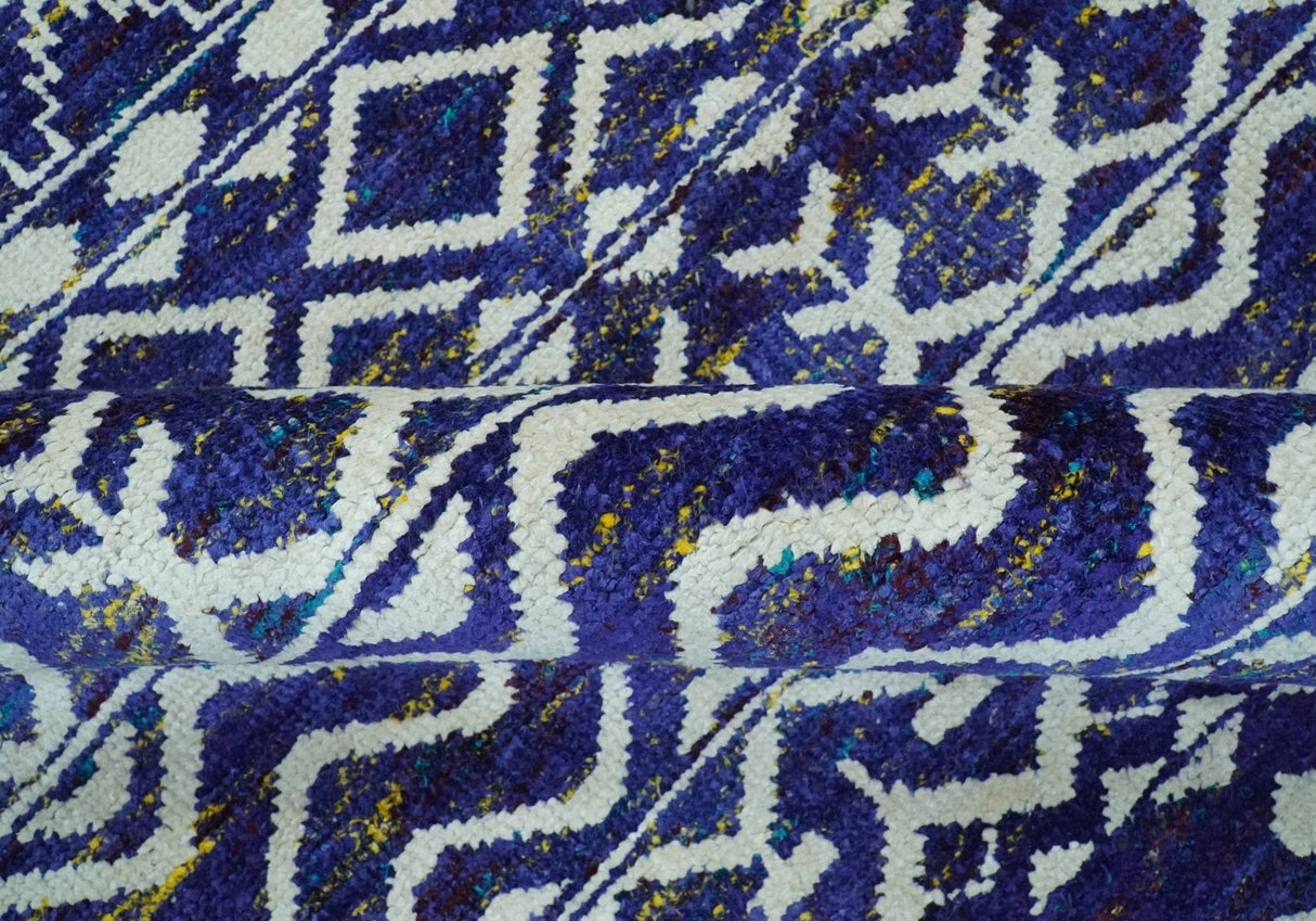 Hand Knotted Blue and Ivory 8x10 Southwestern Tribal Trellis Recycled Art Silk Area Rug-Area Rug-Parc Decor