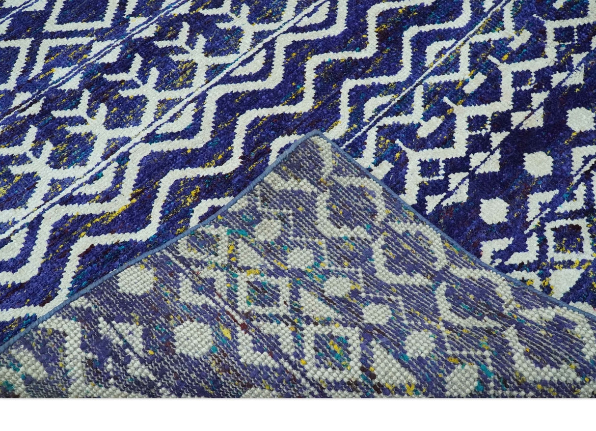 Hand Knotted Blue and Ivory 8x10 Southwestern Tribal Trellis Recycled Art Silk Area Rug-Area Rug-Parc Decor