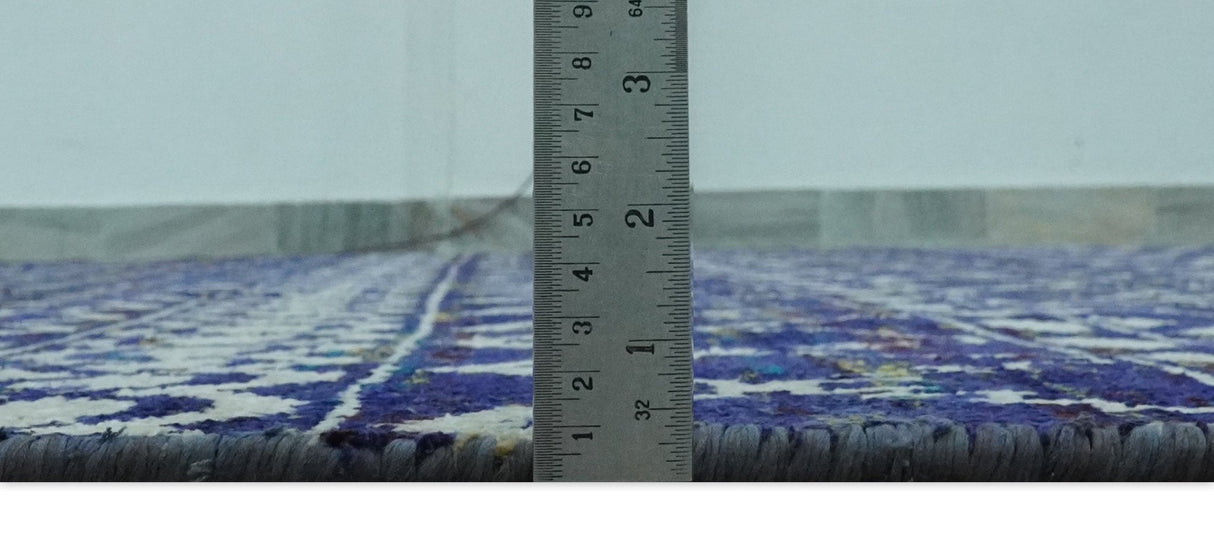 Hand Knotted Blue and Ivory 8x10 Southwestern Tribal Trellis Recycled Art Silk Area Rug-Area Rug-Parc Decor