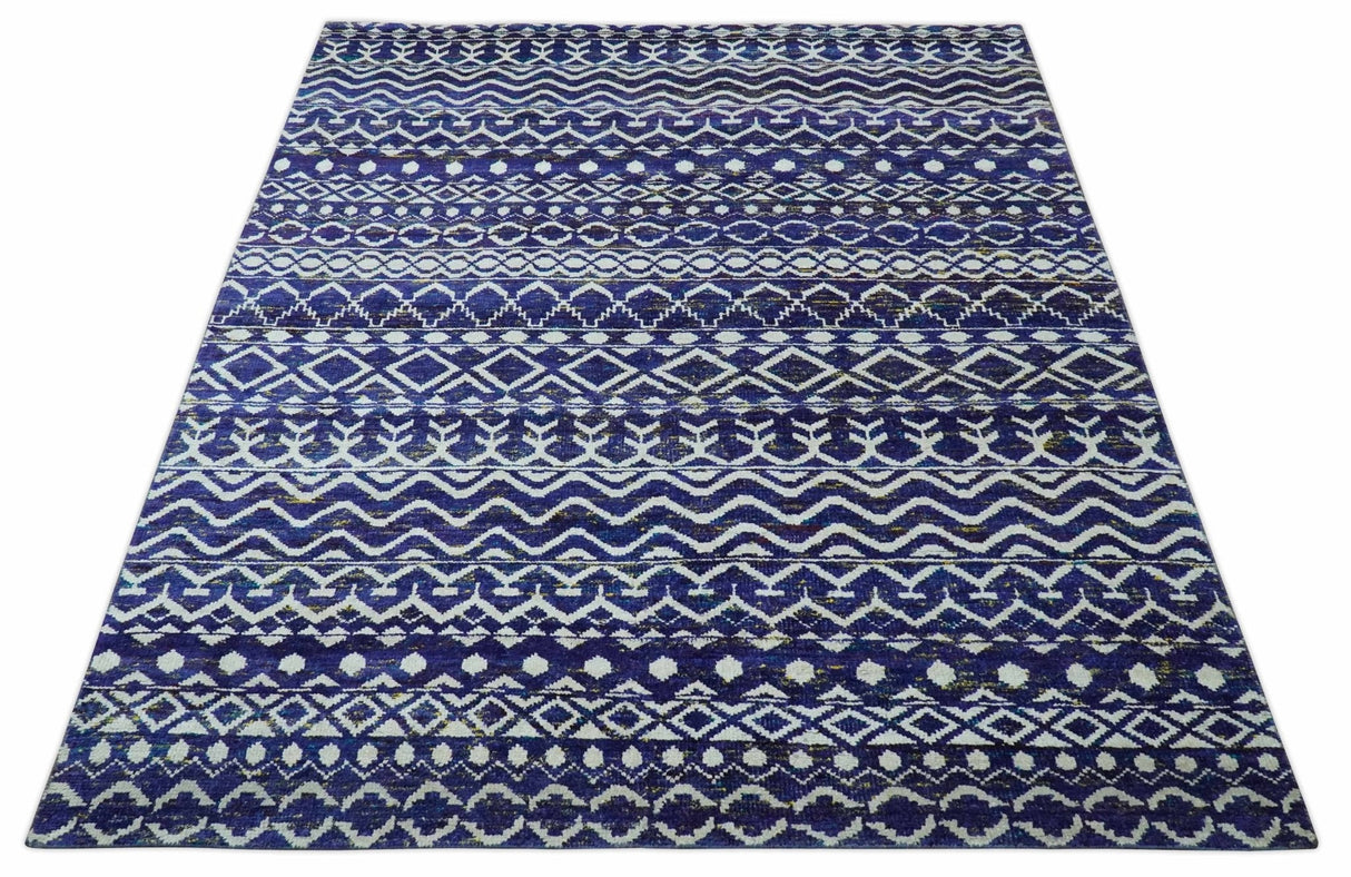 Hand Knotted Blue and Ivory 8x10 Southwestern Tribal Trellis Recycled Art Silk Area Rug-Area Rug-Parc Decor