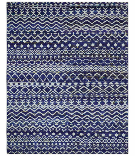 Hand Knotted Blue and Ivory 8x10 Southwestern Tribal Trellis Recycled Art Silk Area Rug-Area Rug-Parc Decor