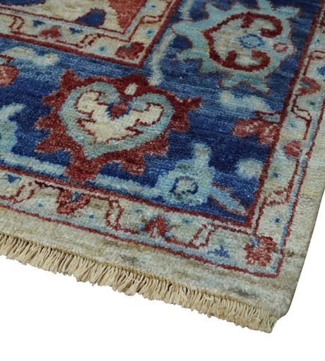 Hand Knotted Blue and Ivory Antique Vintage Style Custom Made Wool Rug