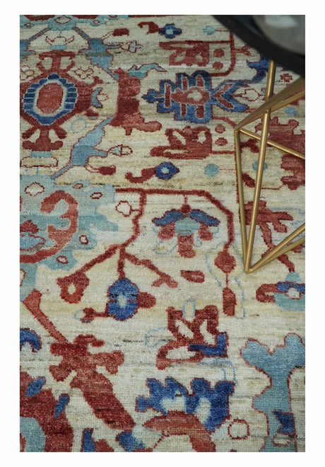 Hand Knotted Blue and Ivory Antique Vintage Style Custom Made Wool Rug