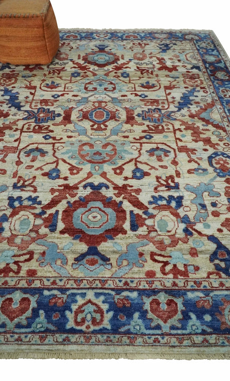 Hand Knotted Blue and Ivory Antique Vintage Style Custom Made Wool Rug